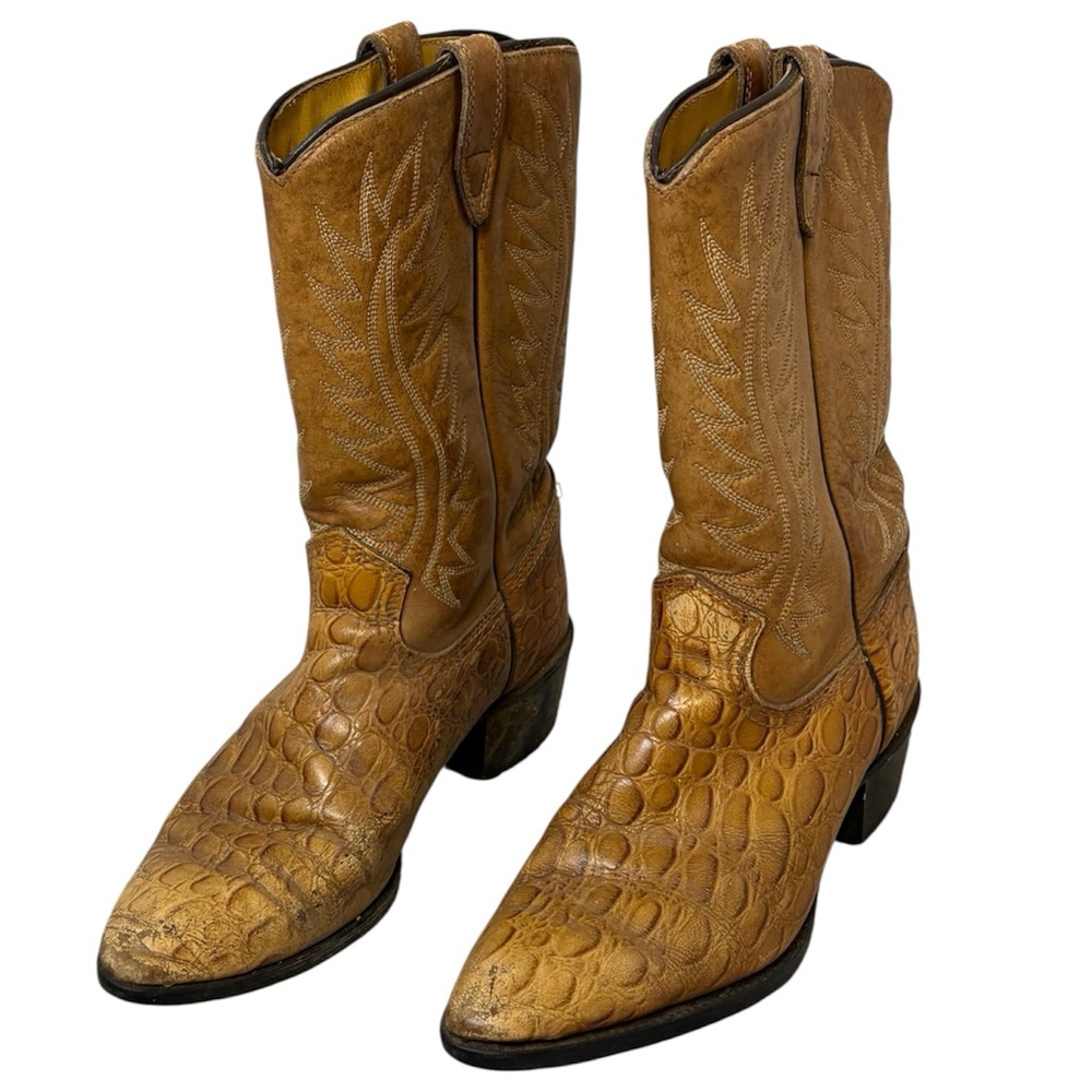 Vintage USA Croc Embossed Western Cowboy Boots Woman's  5.5B Leather Tan